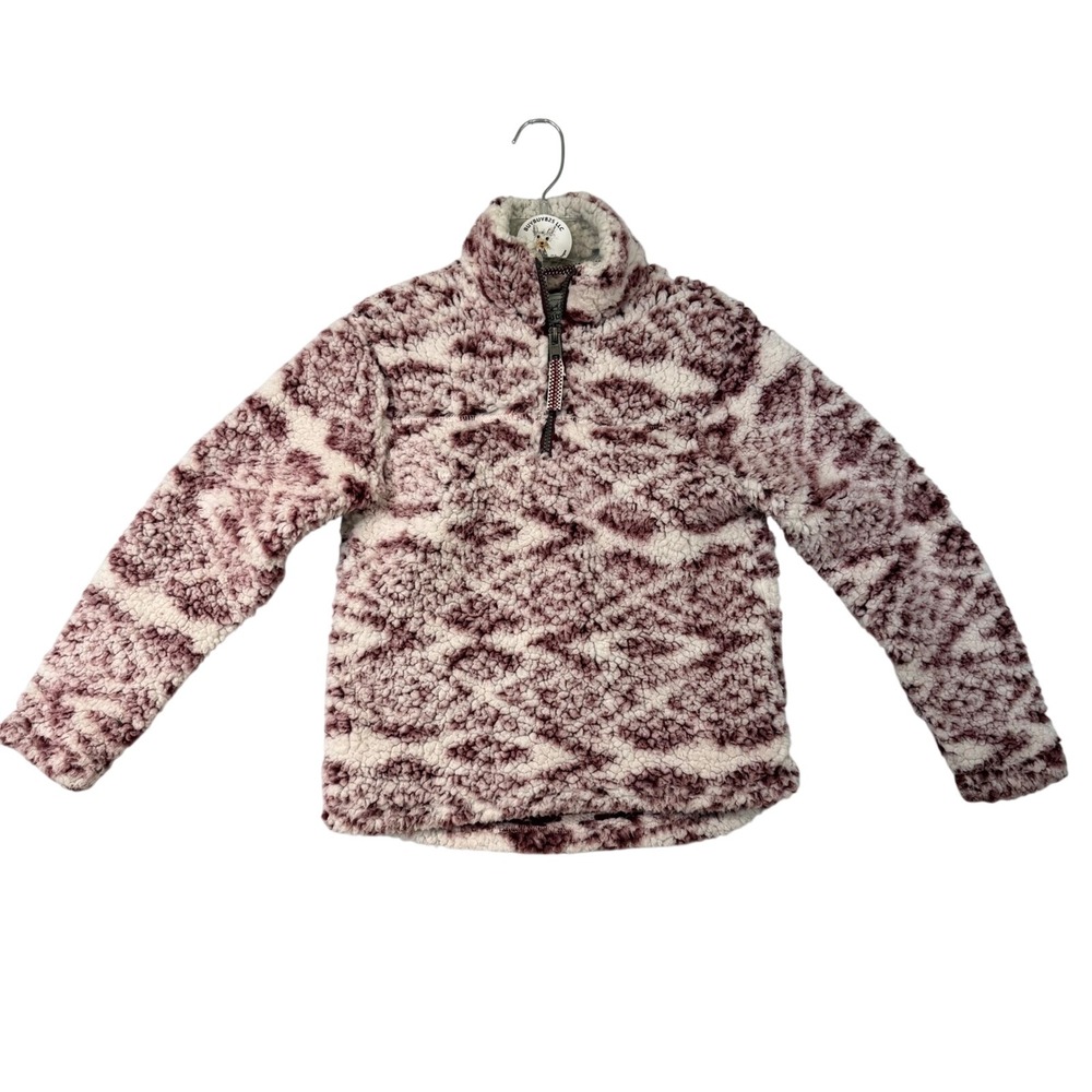 CUDDLY SHERPA Kids 7/8 Burgundy Aztec Geometric‎ Fuzzy Fleece 1/4 Zip Pullover